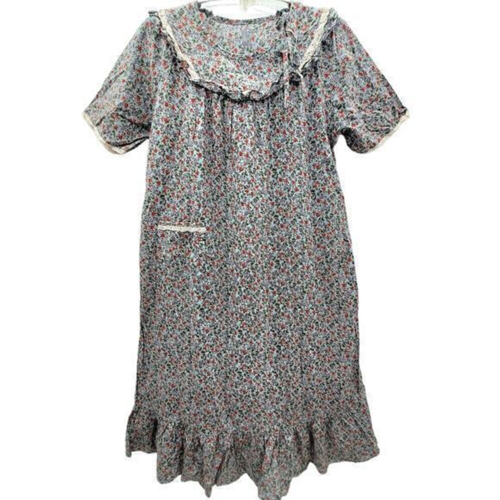 Unaliz Red Gray Calico‎ Floral Ruffle Short Sleeve Lace Trim Shift Dress